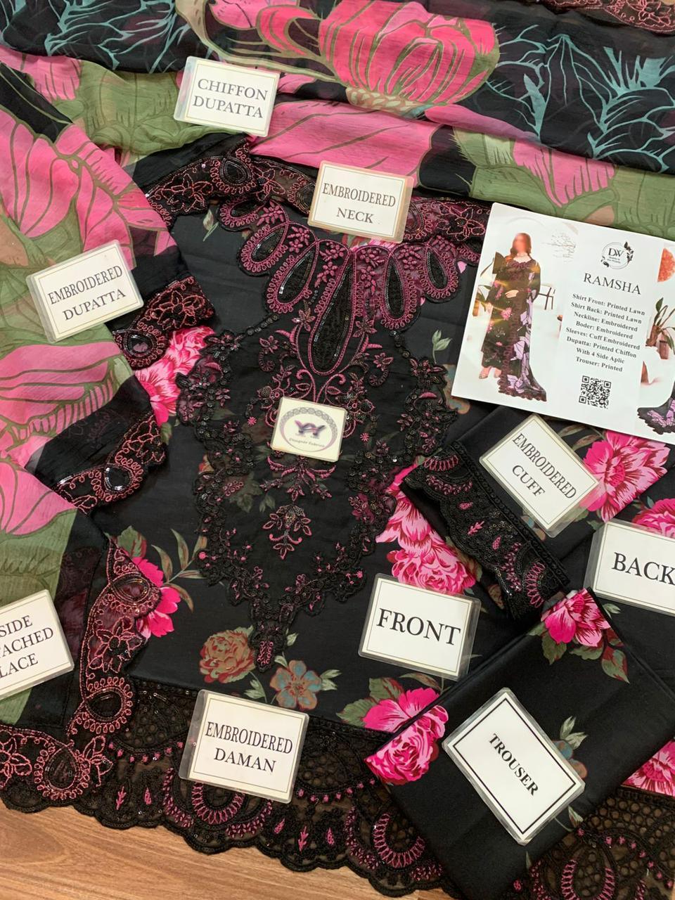 Ramsha Printed Embroidered Lawn 3PC Unstitched Memon Clothes
